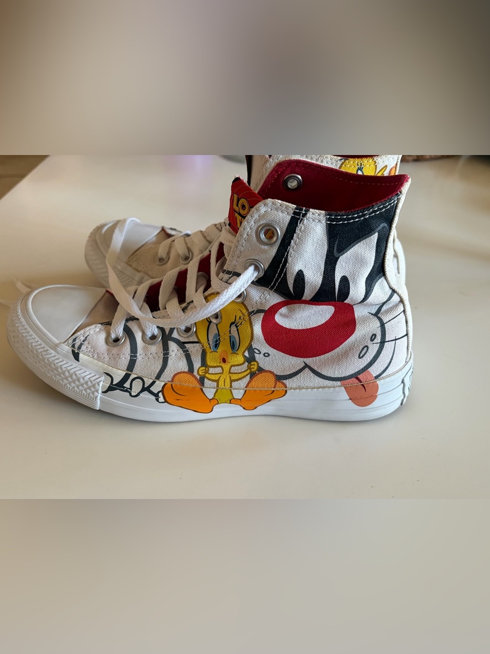 Uni sex converse High-Top Cartoon Canvas Sneakers - White with Red & Yellow